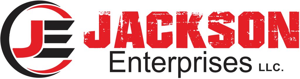 Red and Black Jackson Enterprises LLC Logo with a JE Circle Monogram