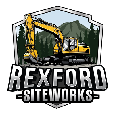 Rexford SIteworks logo featuring an orange excavator in front of Camel's Hump